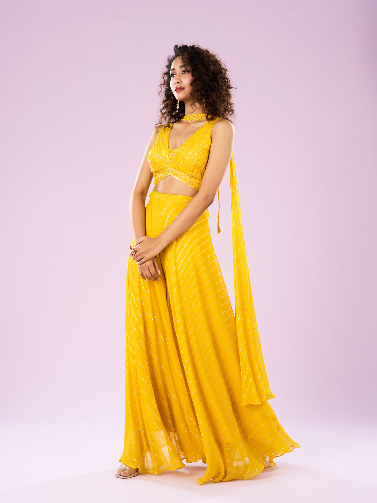 Mohey Women Sun Glow Yellow Georgette Ensemble Indo Western