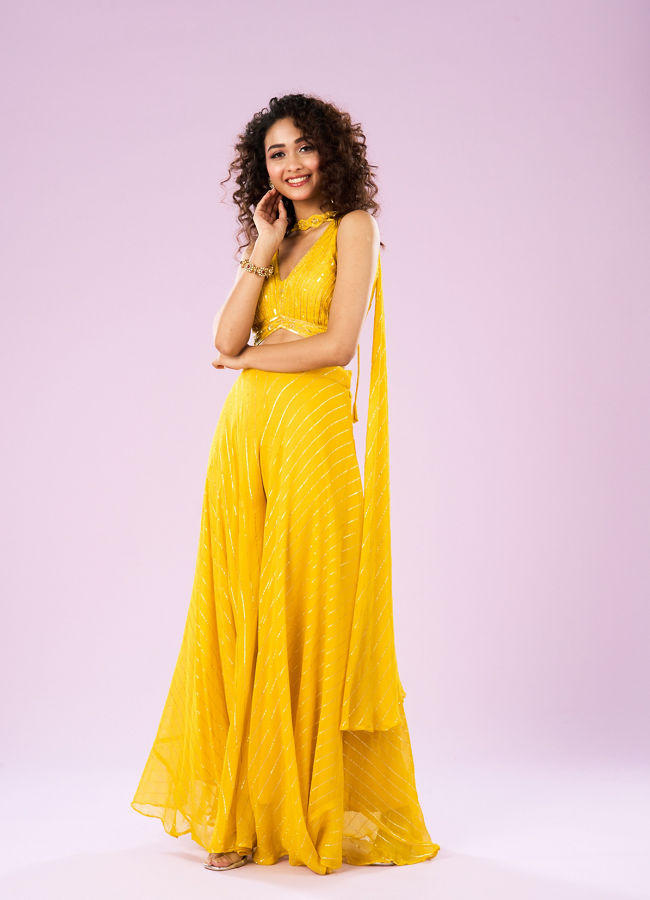 Mohey Women Sun Glow Yellow Georgette Ensemble Indo Western