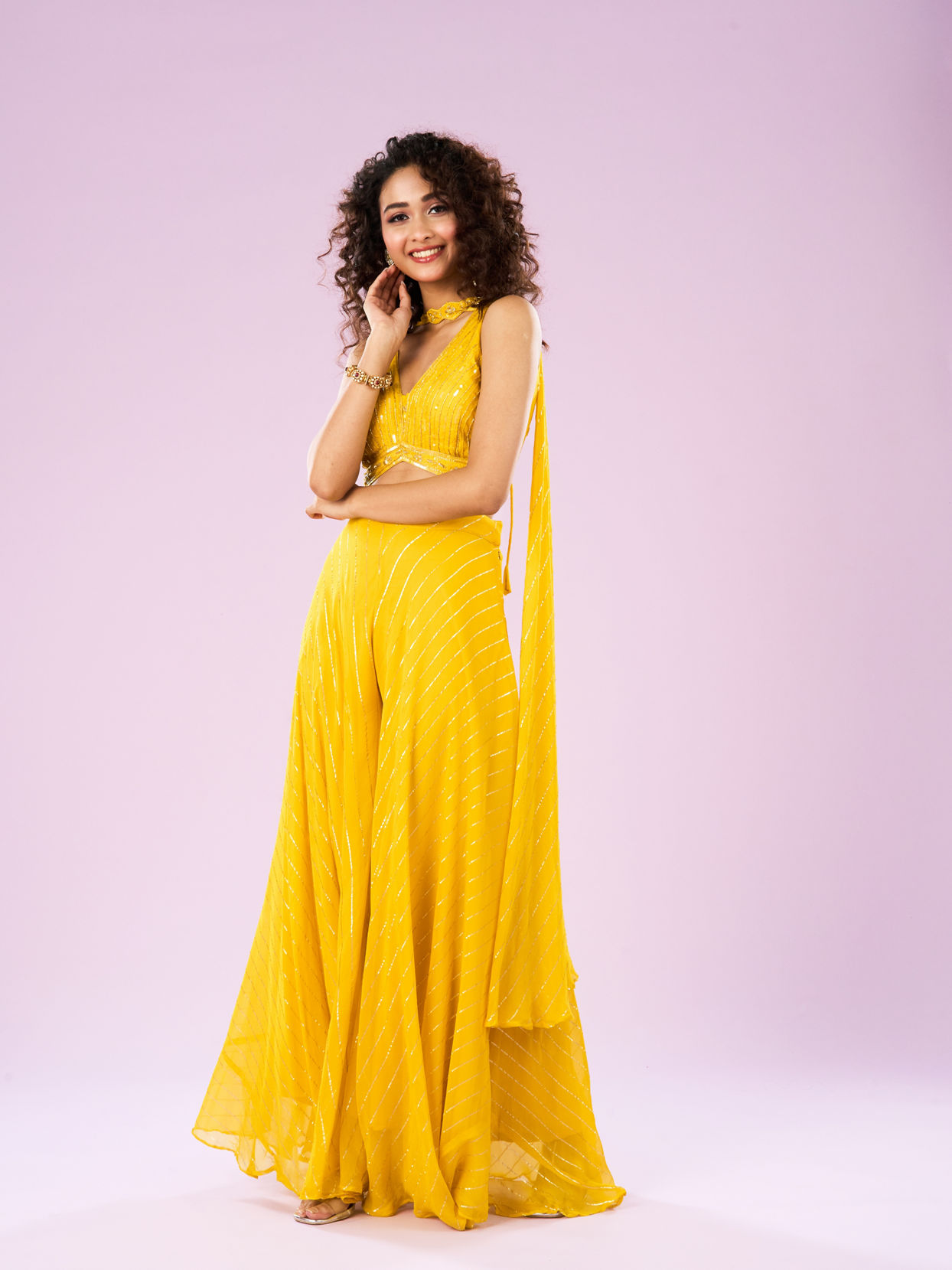 Mohey Women Sun Glow Yellow Georgette Ensemble Indo Western