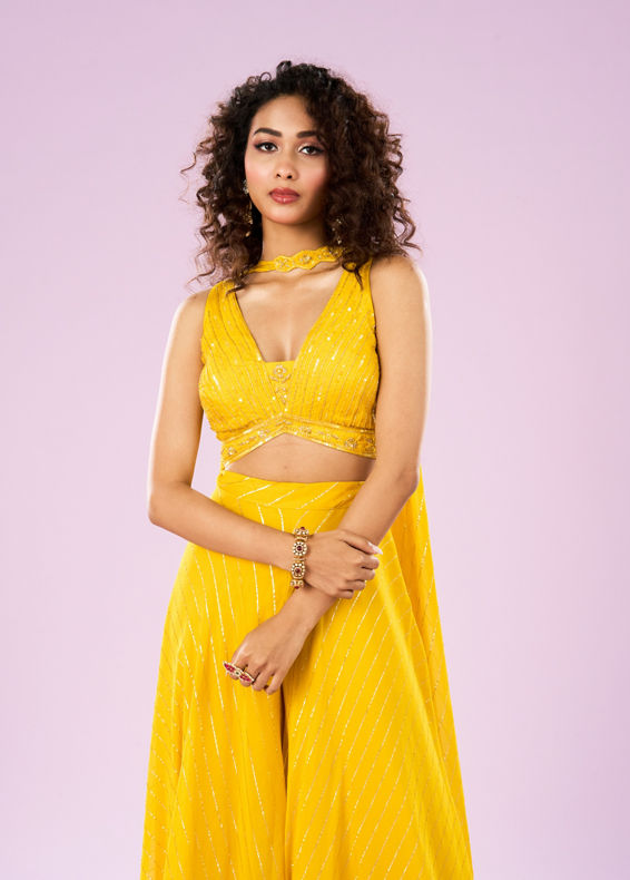 Mohey Women Sun Glow Yellow Georgette Ensemble Indo Western