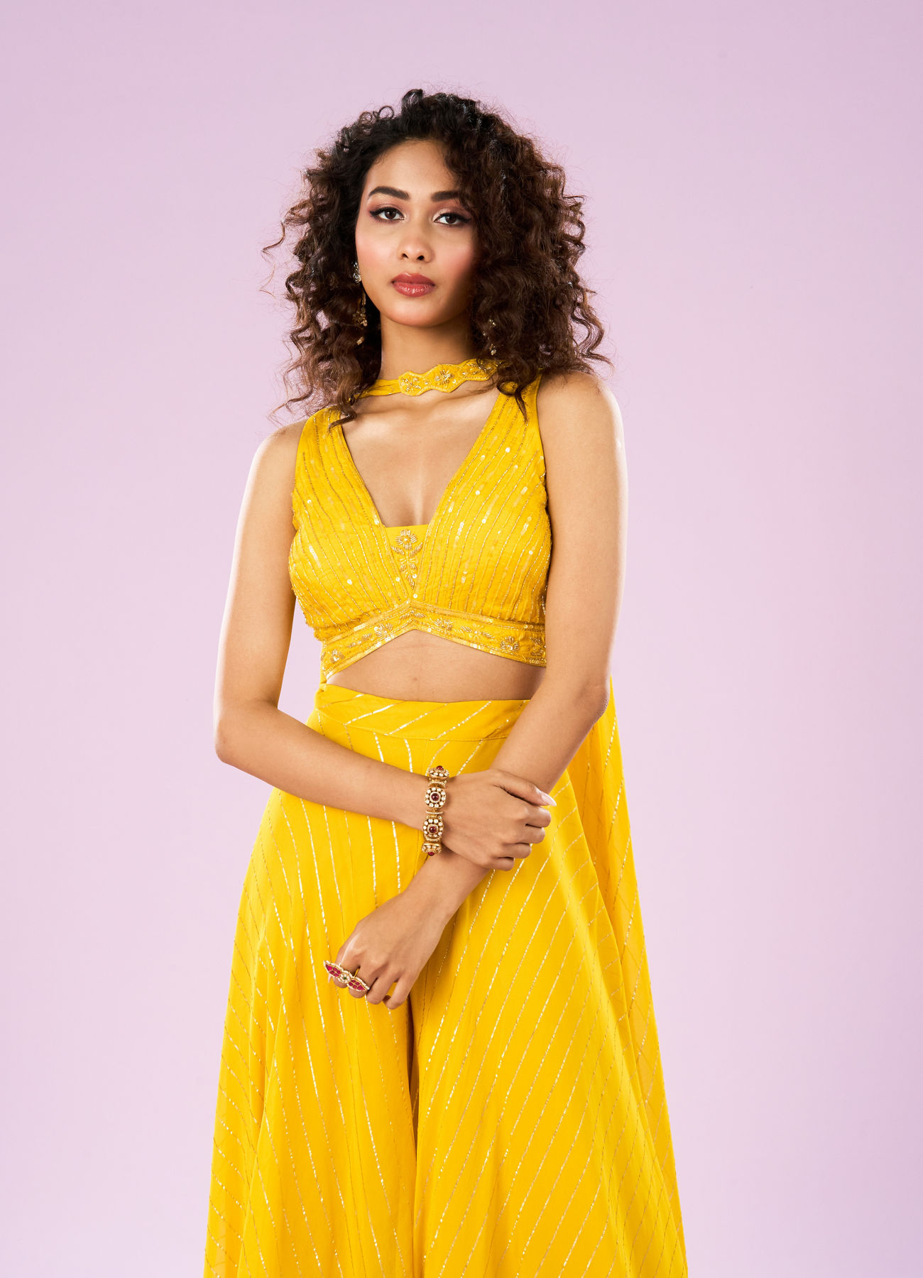 Mohey Women Sun Glow Yellow Georgette Ensemble Indo Western