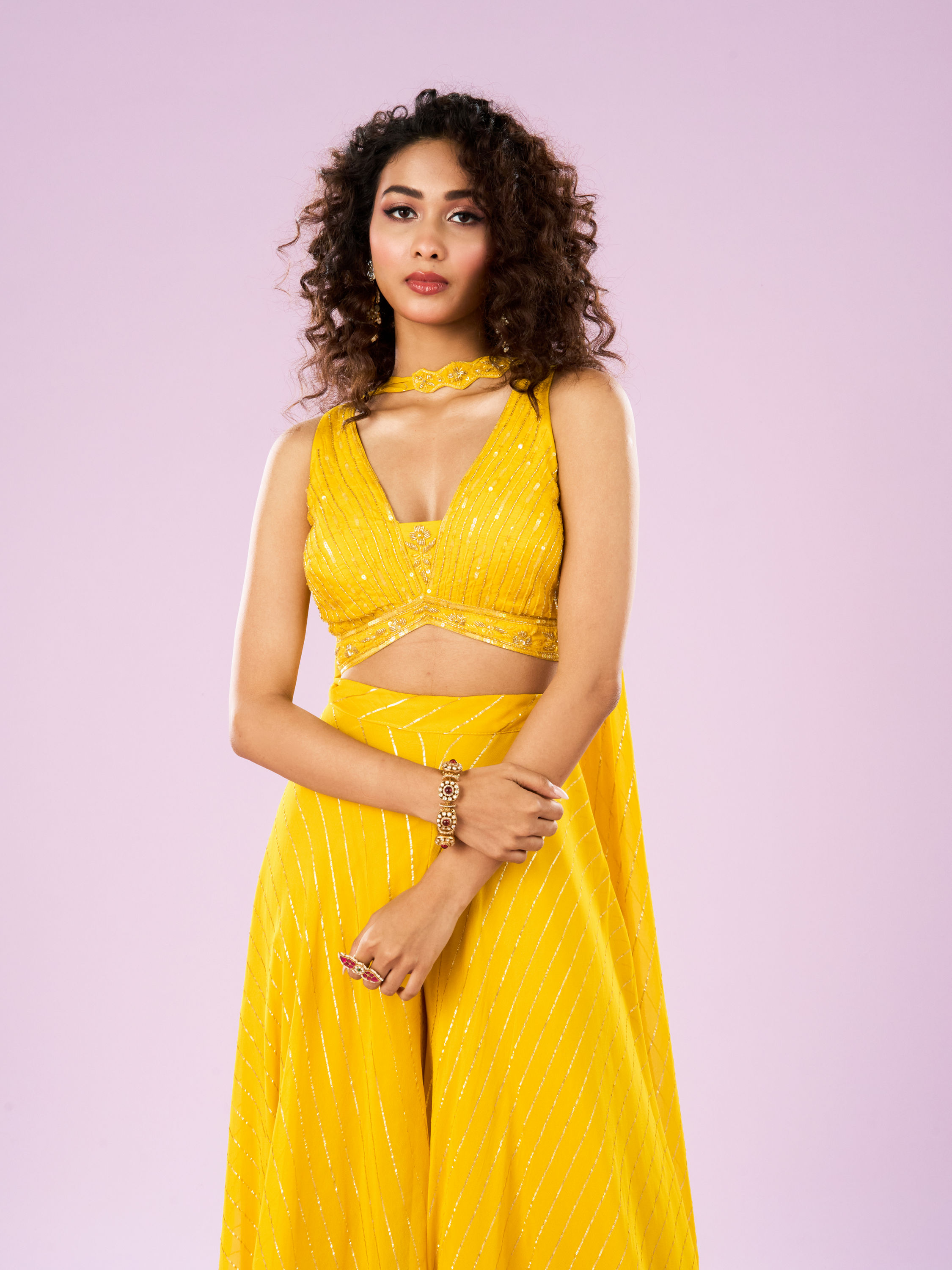Mohey Women Sun Glow Yellow Georgette Ensemble Indo Western
