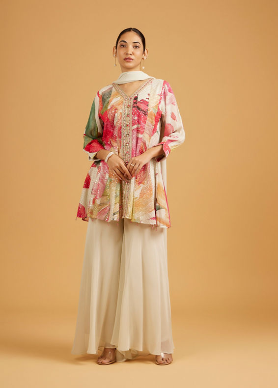 Mohey Women Cream White Abstract Printed Palazzo Suit with Sequin Work