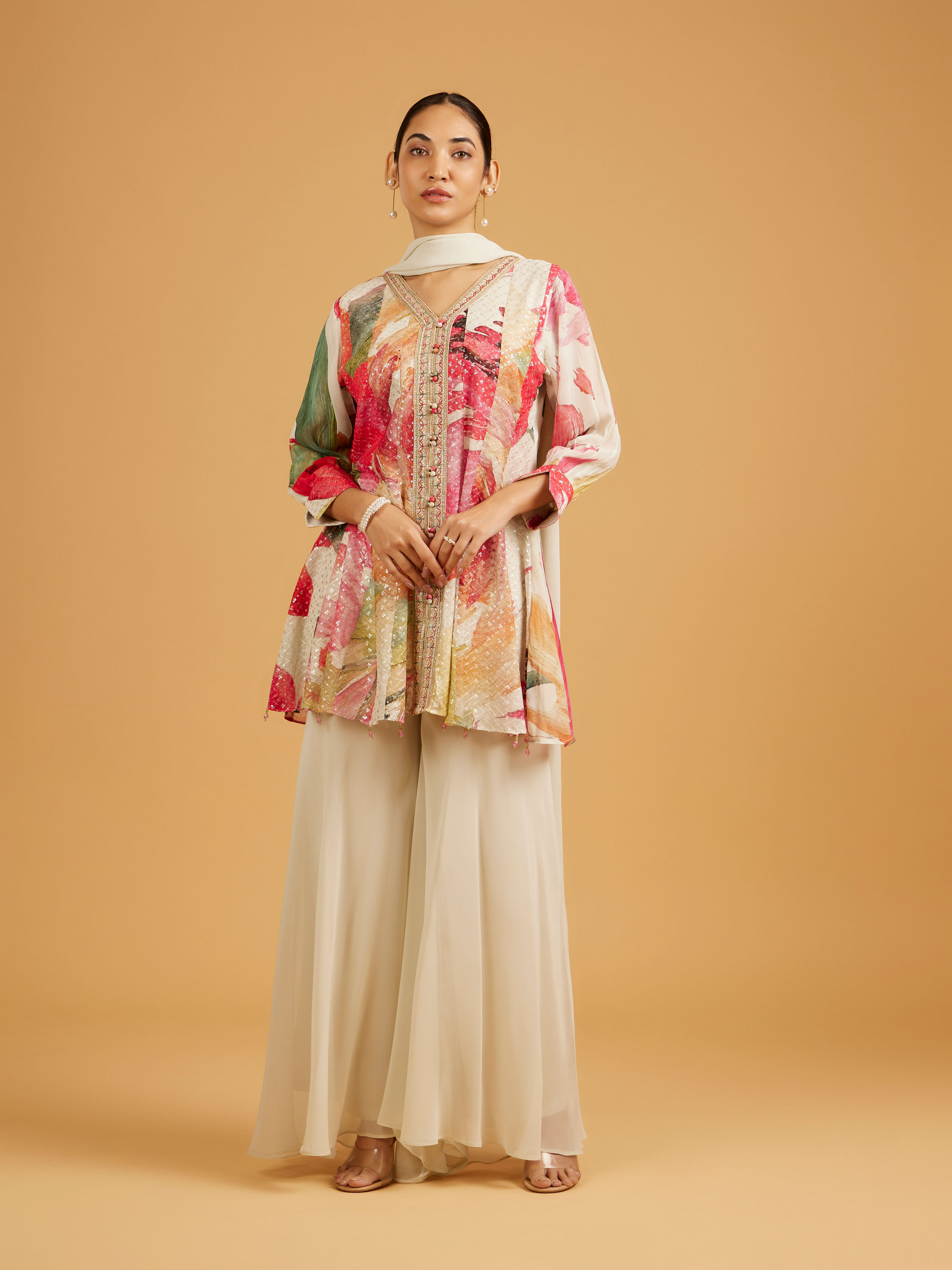 Mohey Women Cream White Abstract Printed Palazzo Suit with Sequin Work