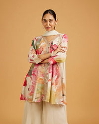 Mohey Women Cream White Abstract Printed Palazzo Suit with Sequin Work