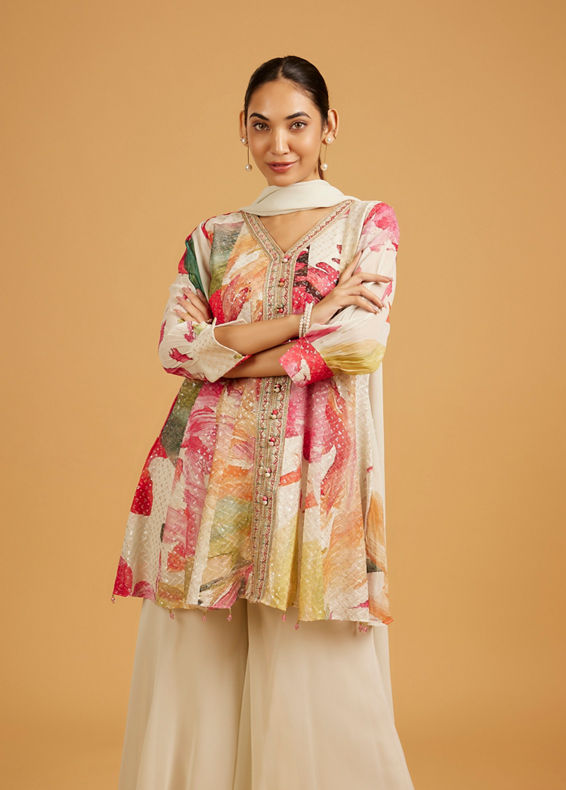 Mohey Women Cream White Abstract Printed Palazzo Suit with Sequin Work
