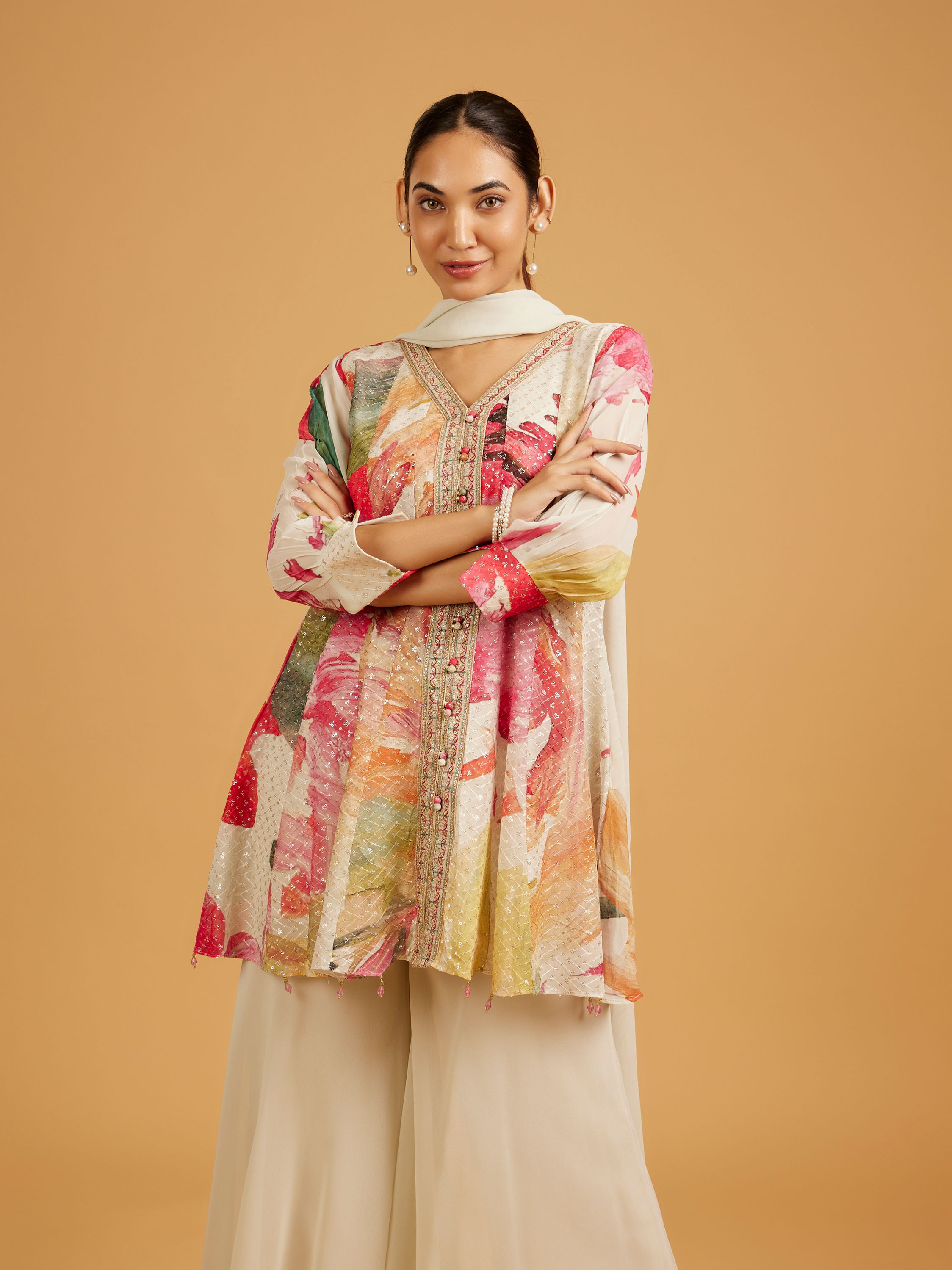 Mohey Women Cream White Abstract Printed Palazzo Suit with Sequin Work
