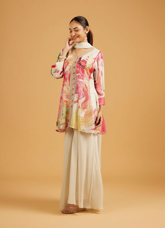Mohey Women Cream White Abstract Printed Palazzo Suit with Sequin Work