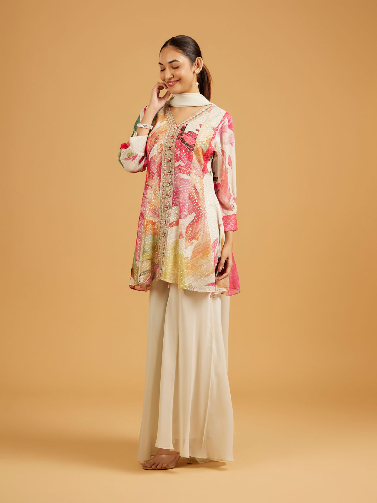 Mohey Women Cream White Abstract Printed Palazzo Suit with Sequin Work