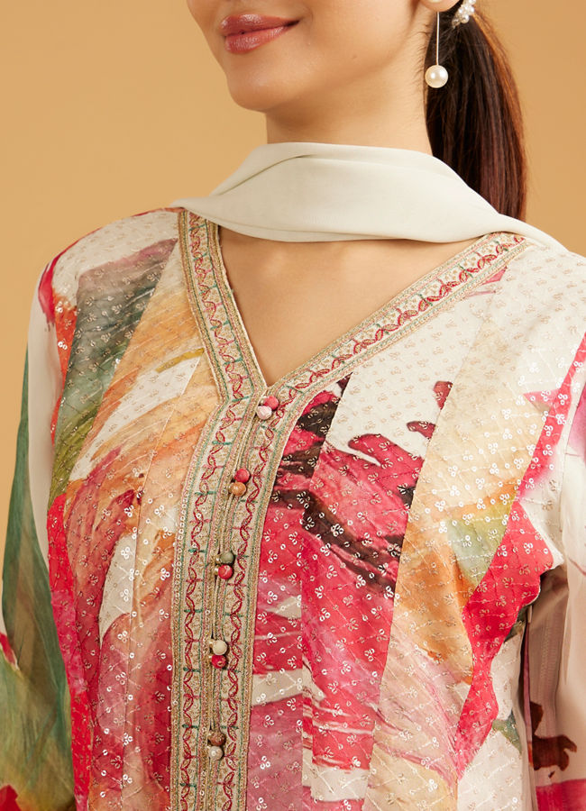 Mohey Women Cream White Abstract Printed Palazzo Suit with Sequin Work