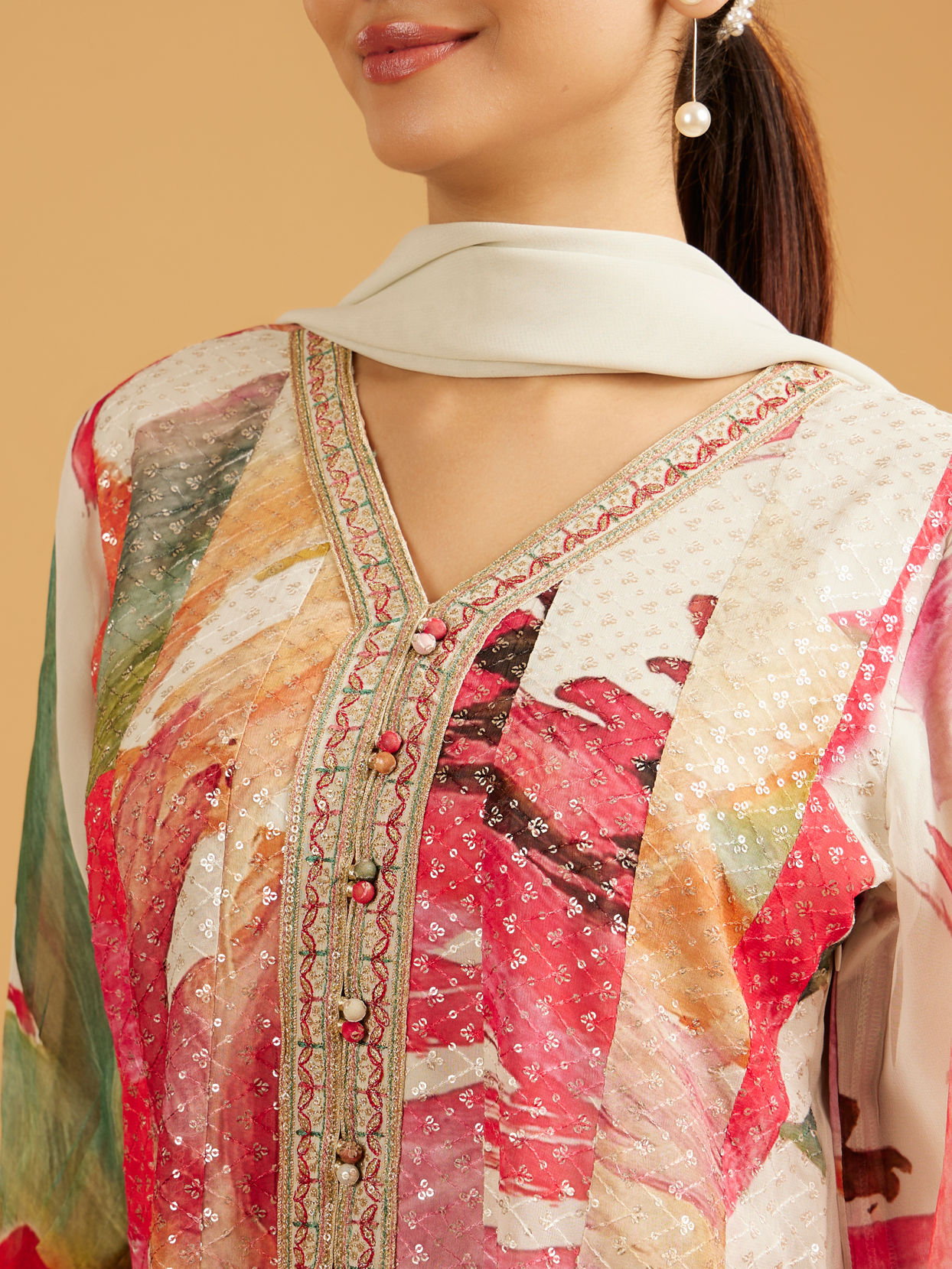 Mohey Women Cream White Abstract Printed Palazzo Suit with Sequin Work