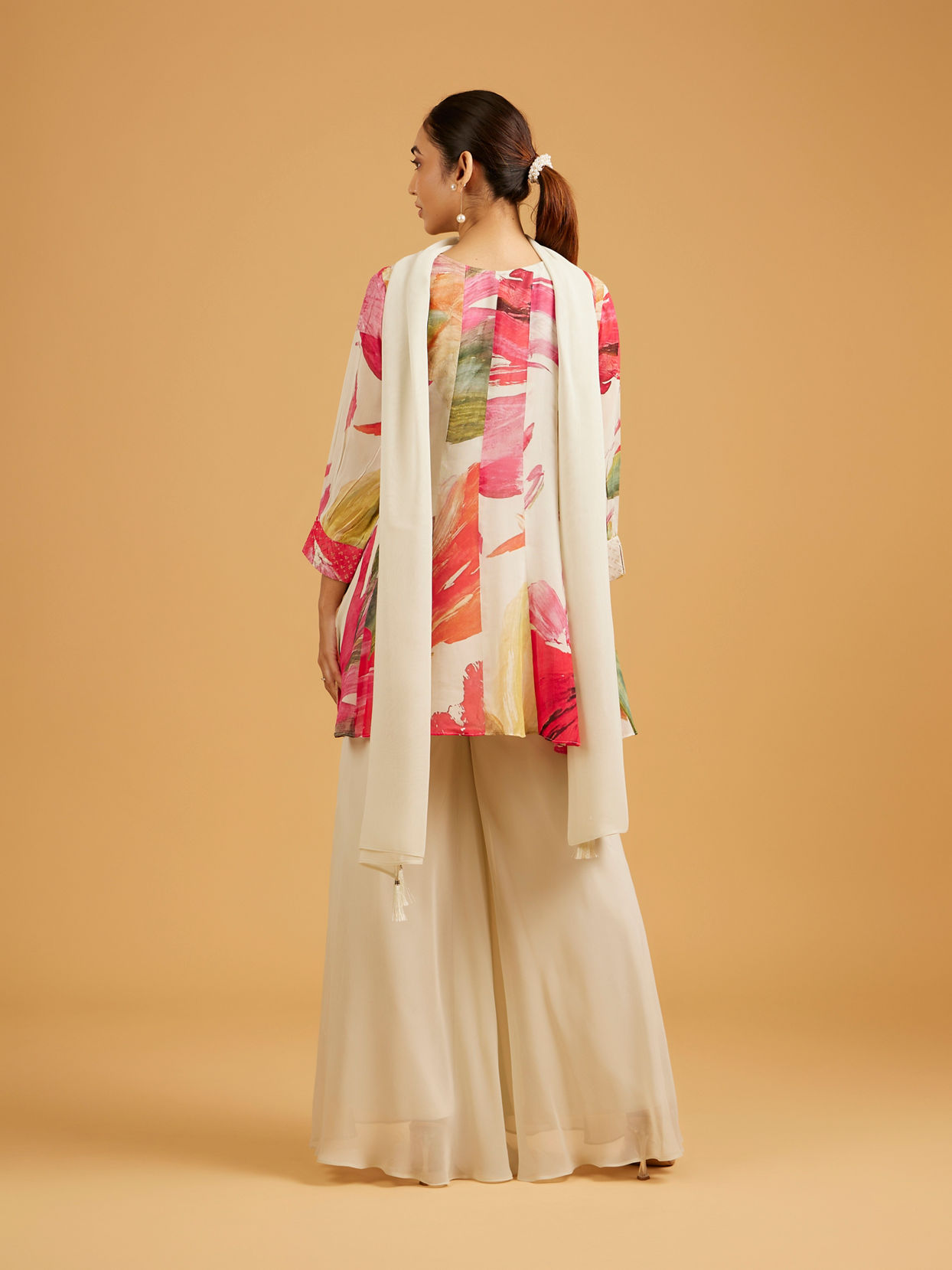 Mohey Women Cream White Abstract Printed Palazzo Suit with Sequin Work
