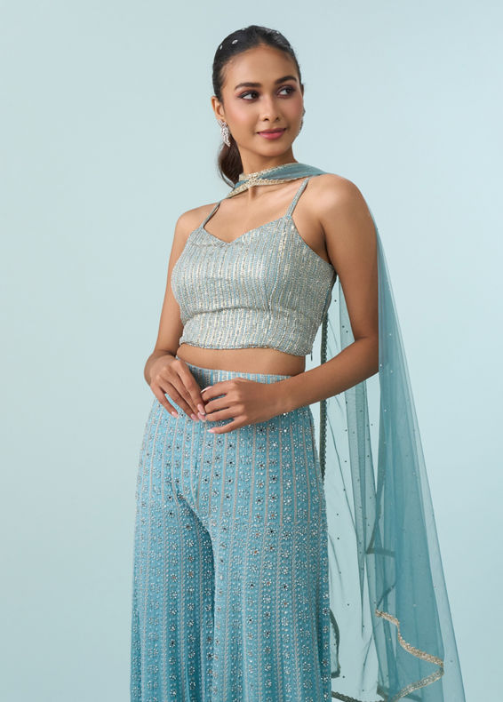 Mohey Women Glistening Azure Georgette Indo Western