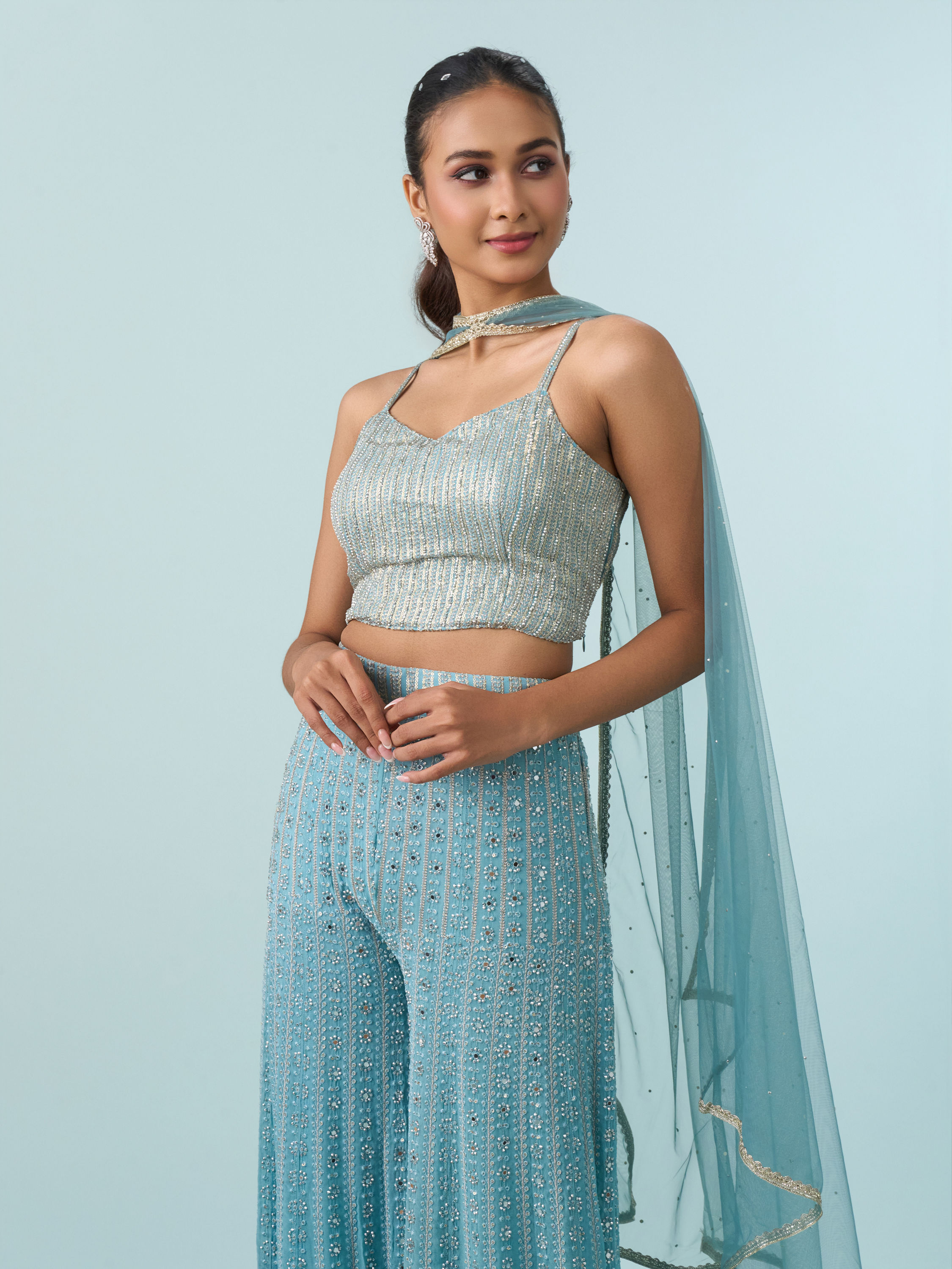 Mohey Women Glistening Azure Georgette Indo Western