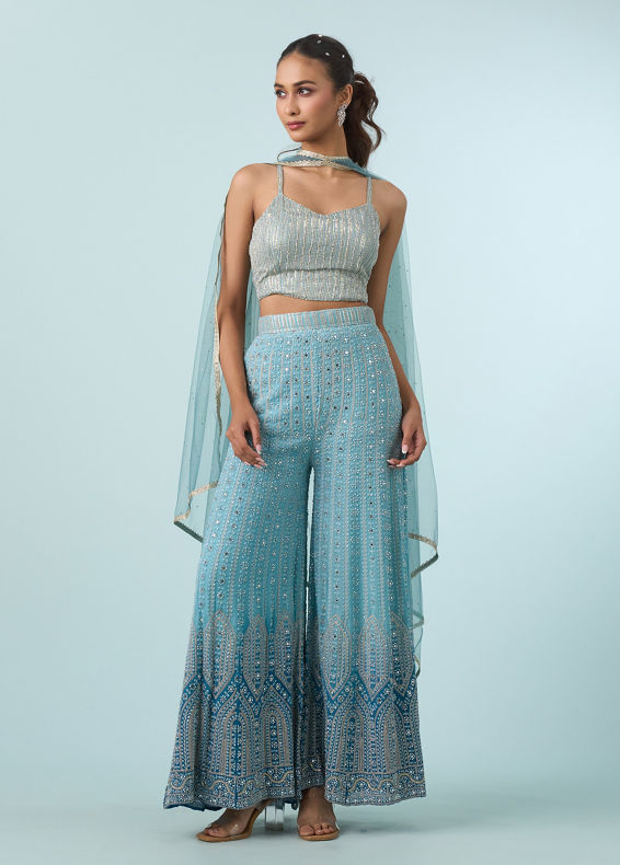 Mohey Women Glistening Azure Georgette Indo Western