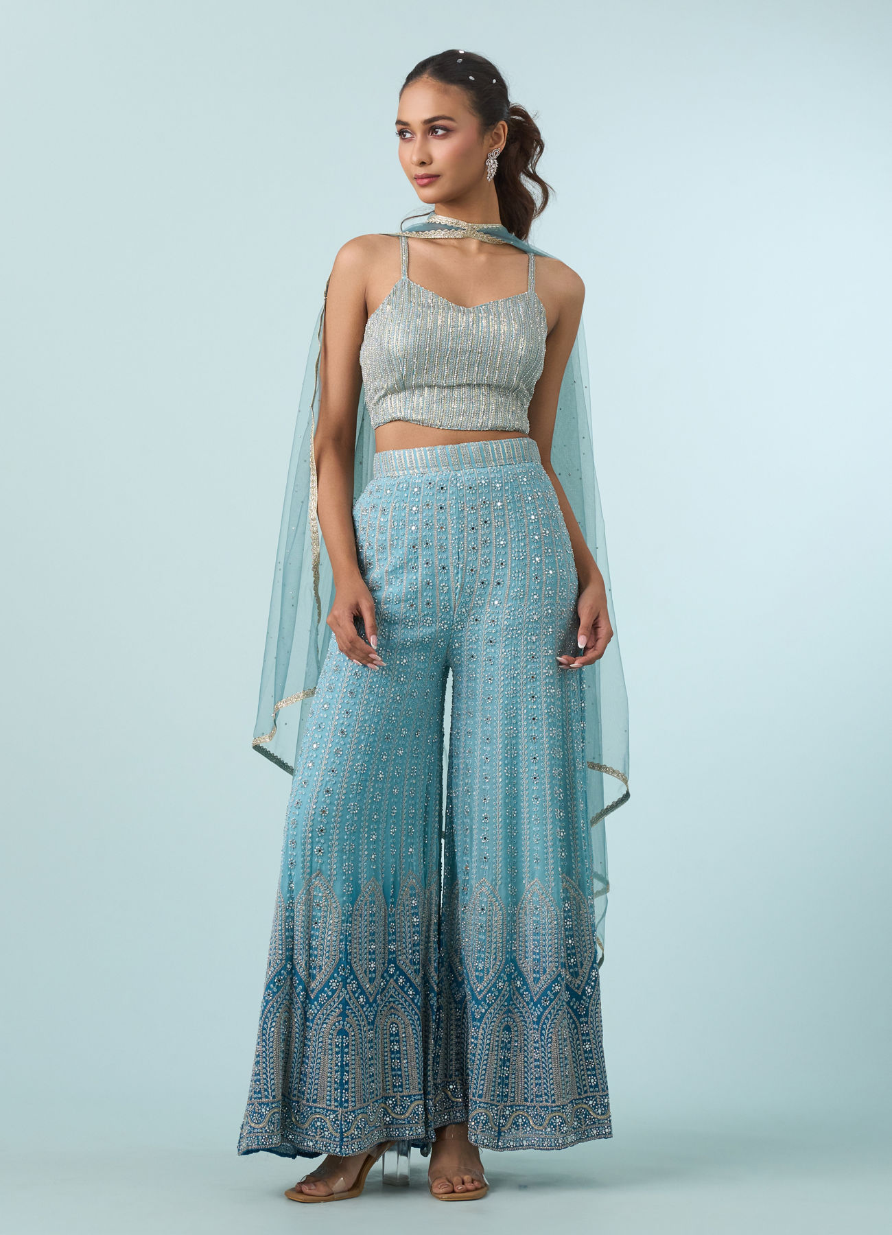 Mohey Women Glistening Azure Georgette Indo Western