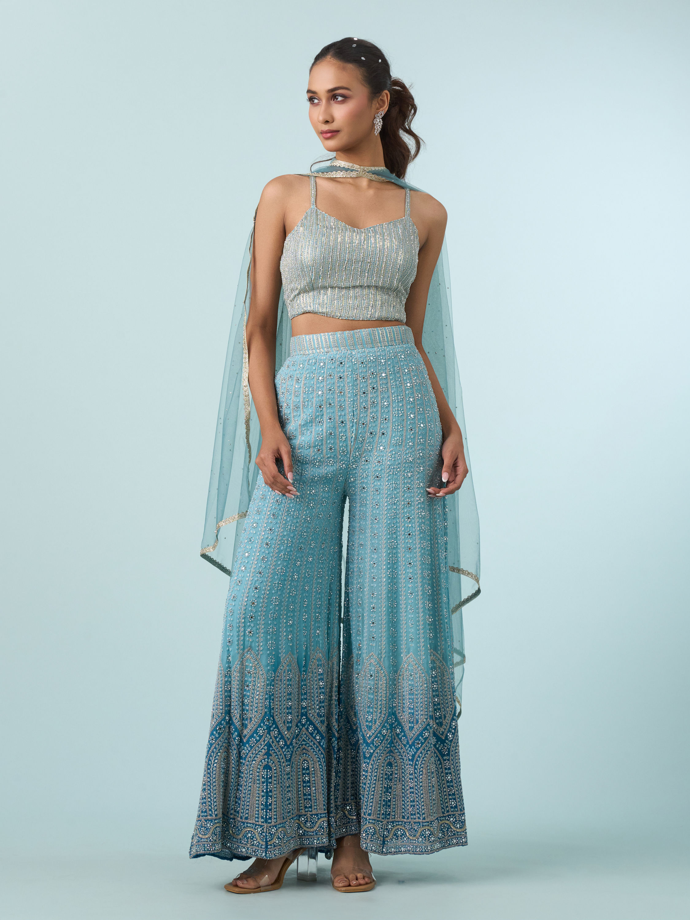 Mohey Women Glistening Azure Georgette Indo Western