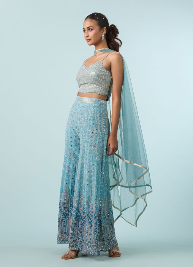 Mohey Women Glistening Azure Georgette Indo Western