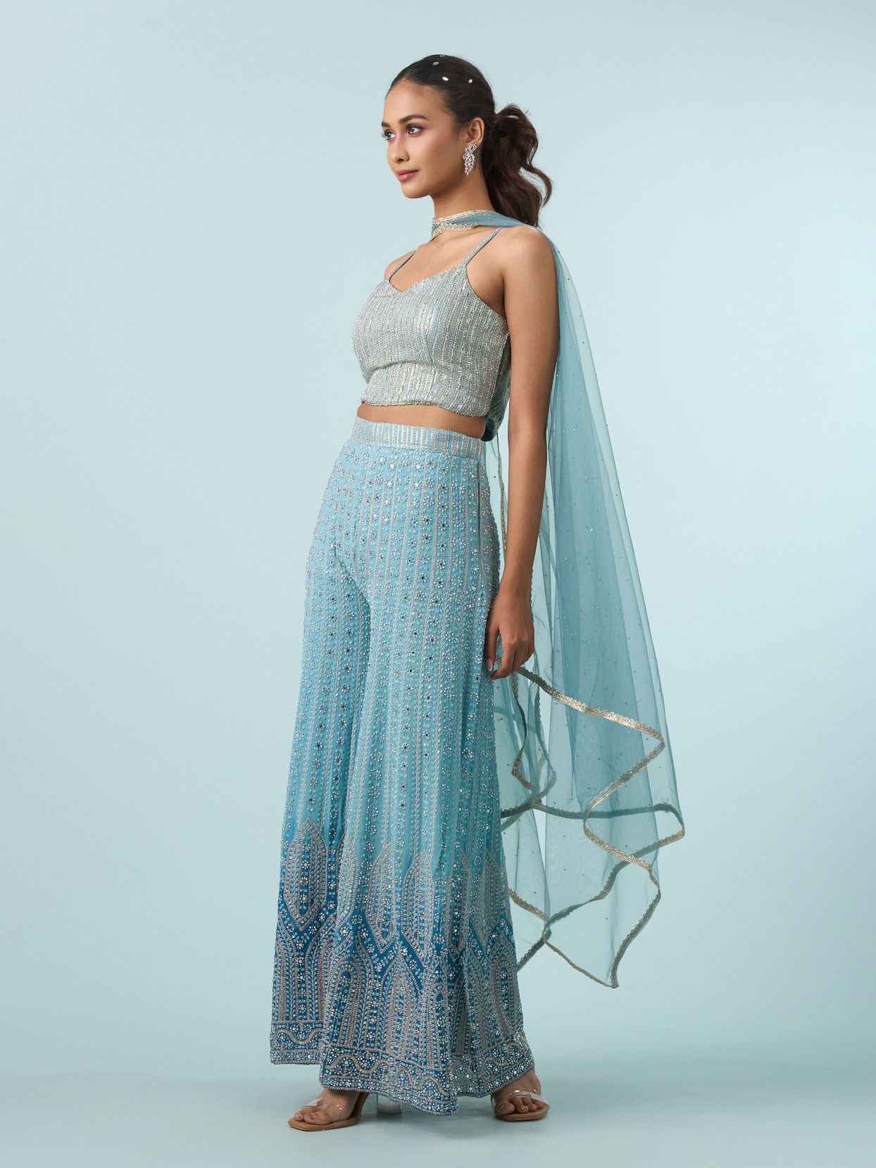 Mohey Women Glistening Azure Georgette Indo Western