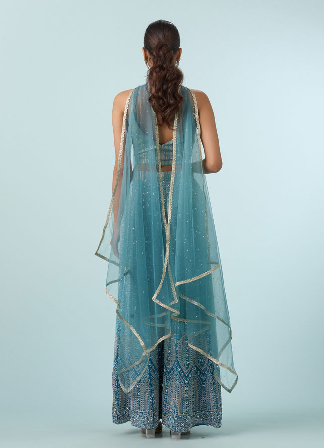 Mohey Women Glistening Azure Georgette Indo Western