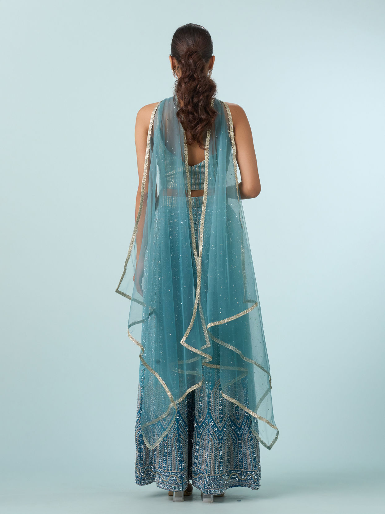 Mohey Women Glistening Azure Georgette Indo Western