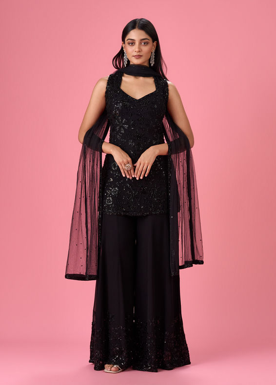 Mohey Women Charming Black Georgette Palazzo Suit