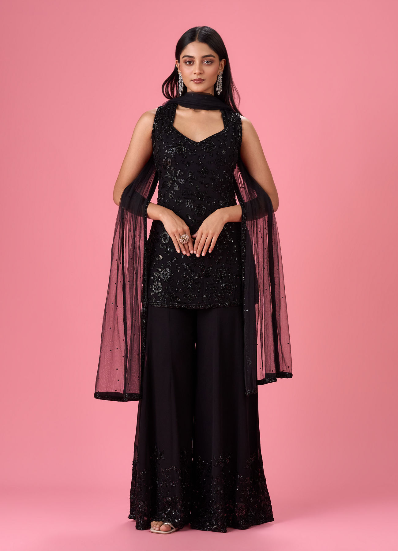 Mohey Women Charming Black Georgette Palazzo Suit