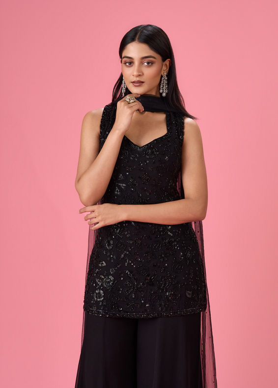 Mohey Women Charming Black Georgette Palazzo Suit