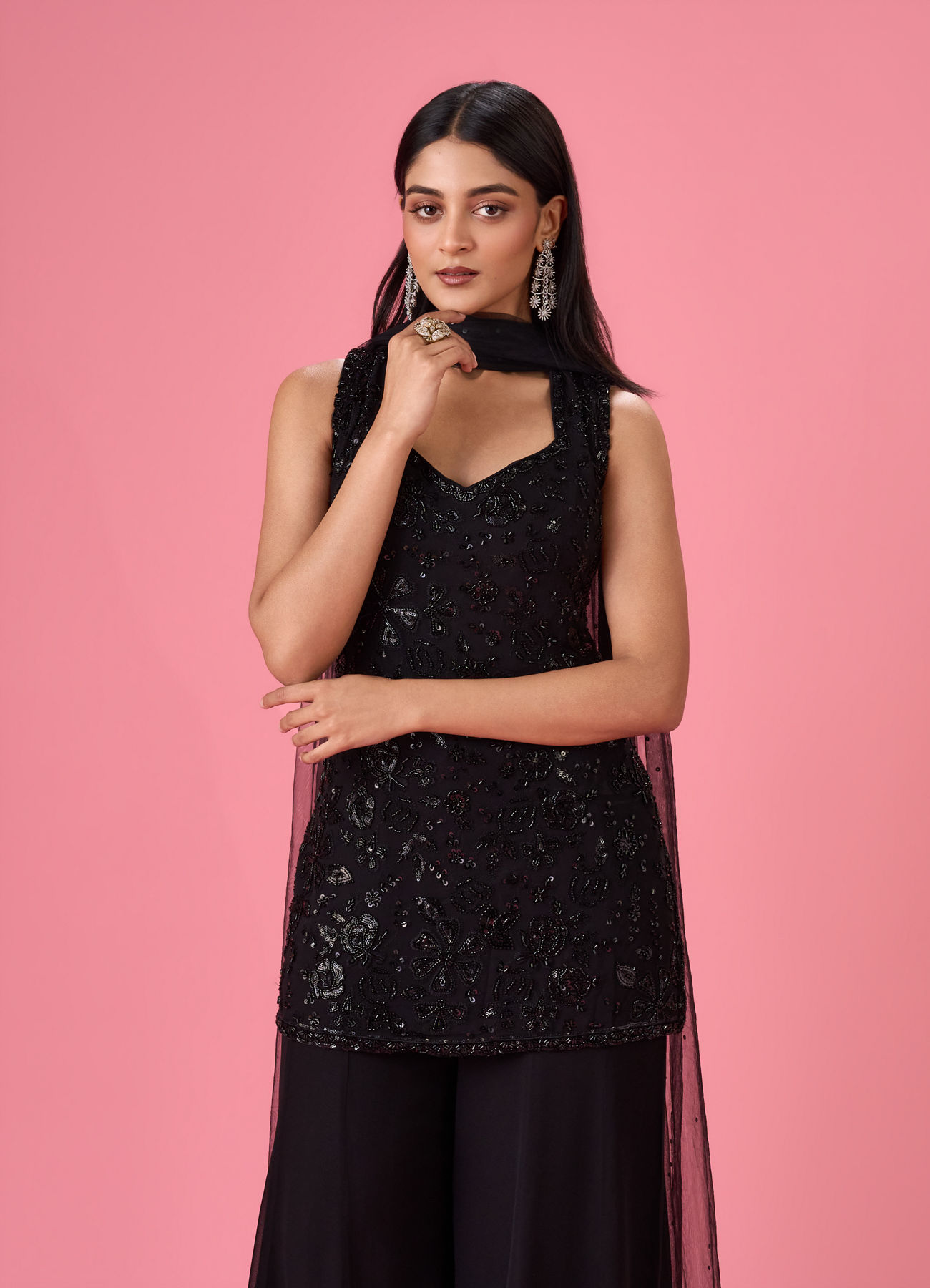 Mohey Women Charming Black Georgette Palazzo Suit