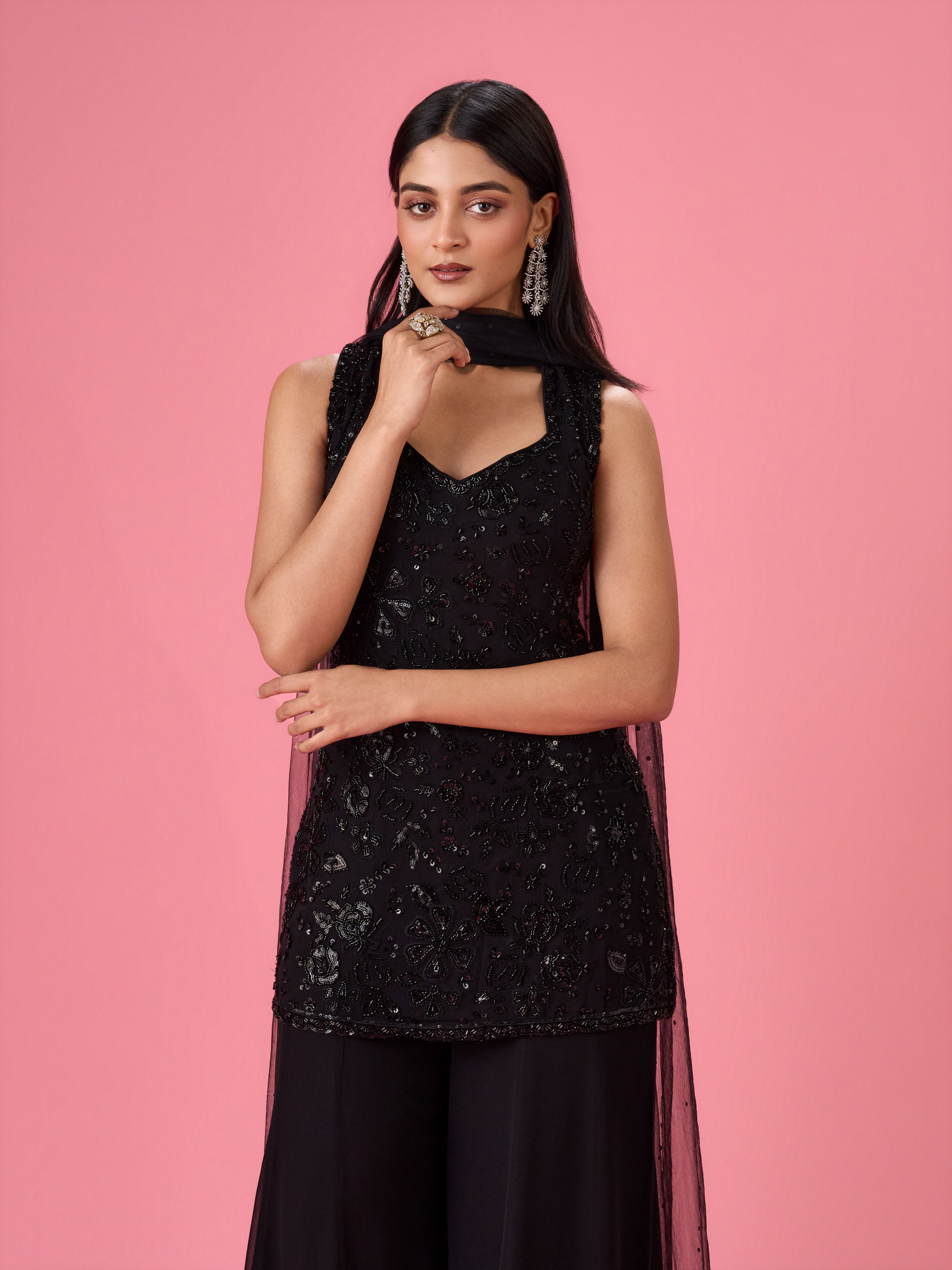 Mohey Women Charming Black Georgette Palazzo Suit