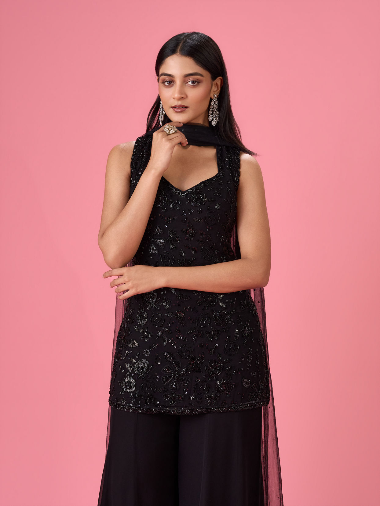 Mohey Women Charming Black Georgette Palazzo Suit