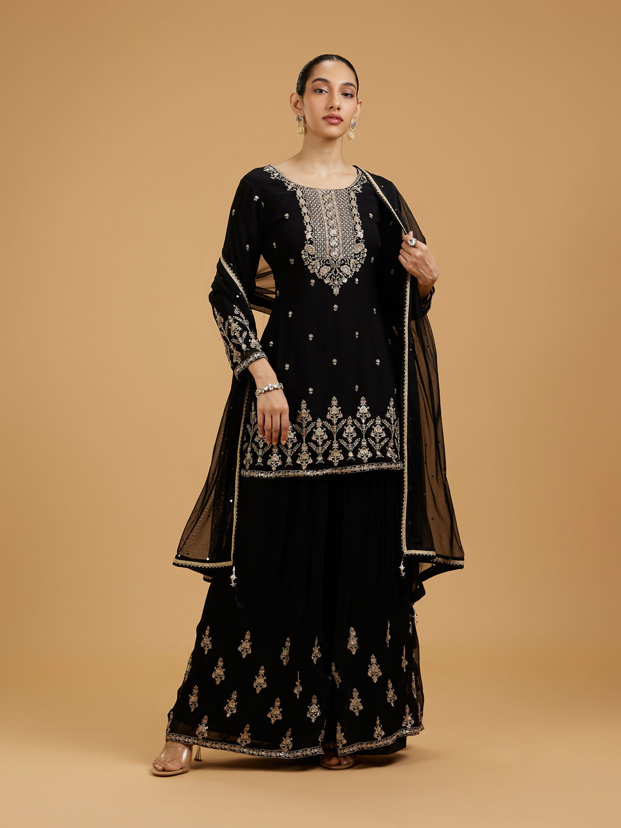 Mohey Women Elegant Black Beauty Georgette Palazzo Suit