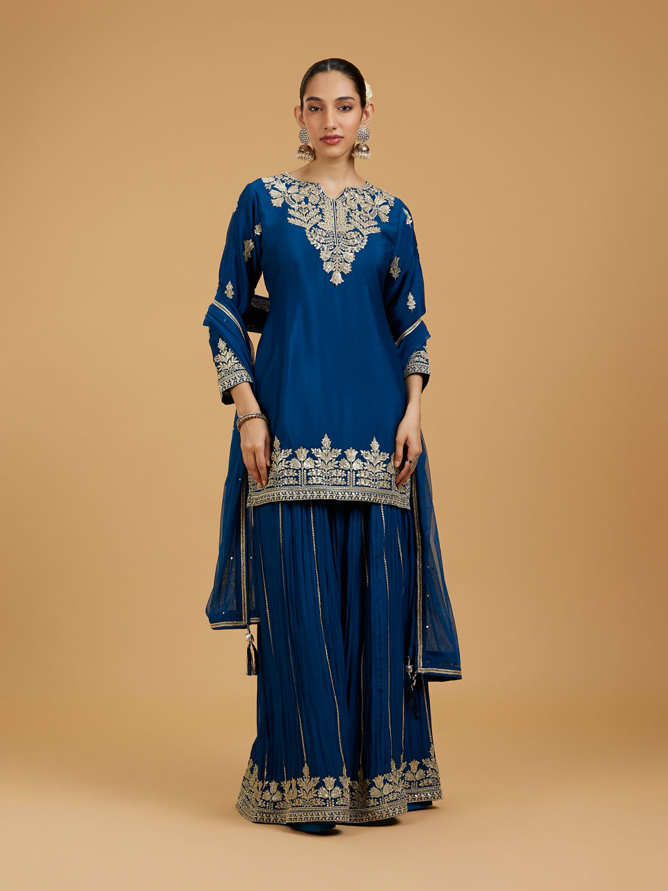 Mohey Women Blue Chinon Palazzo Suit