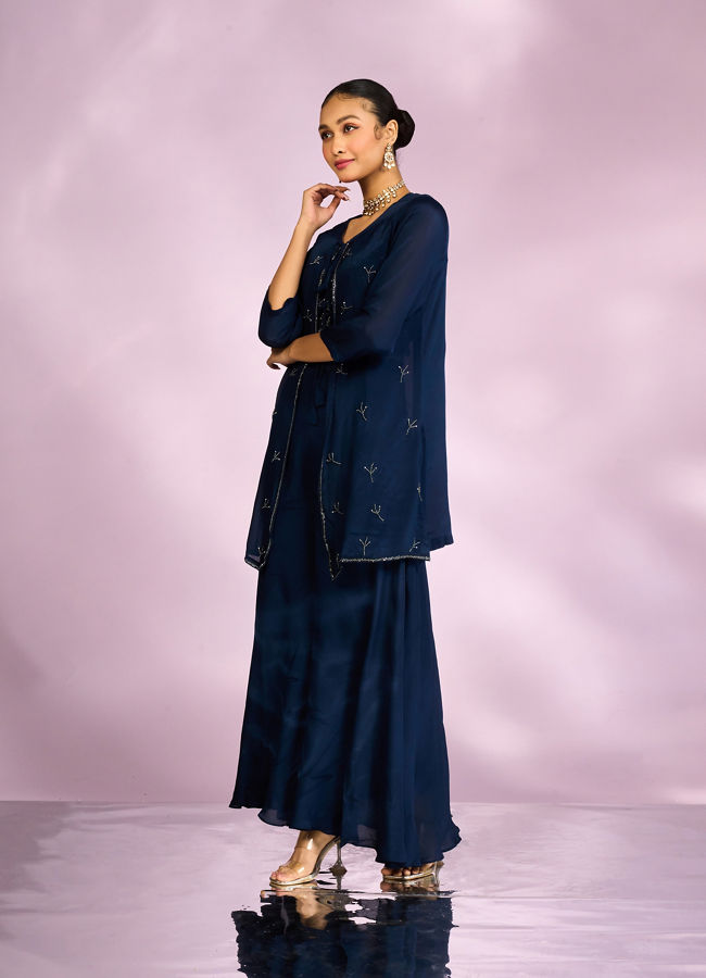 Mohey Women Indigo Blue Chinon Ensemble Indo Western