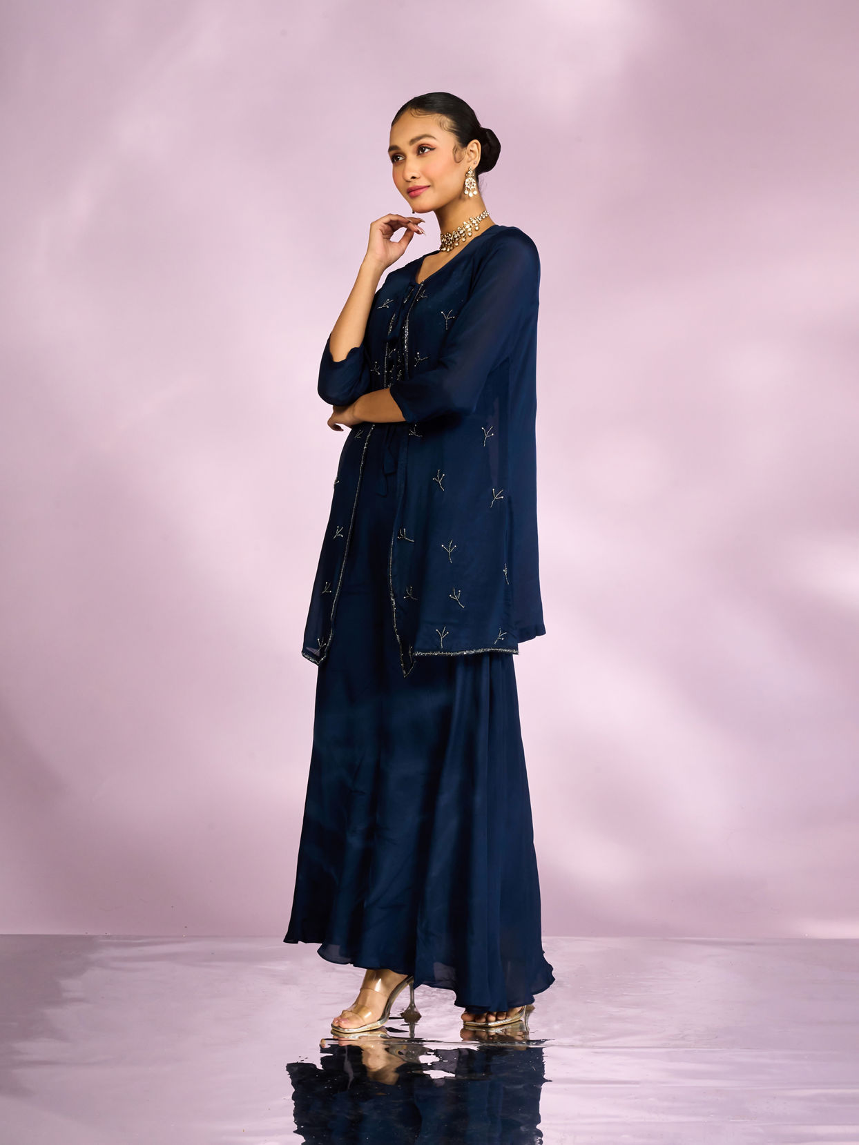 Mohey Women Indigo Blue Chinon Ensemble Indo Western