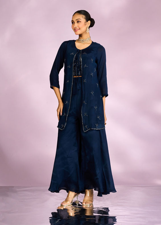 Mohey Women Indigo Blue Chinon Ensemble Indo Western