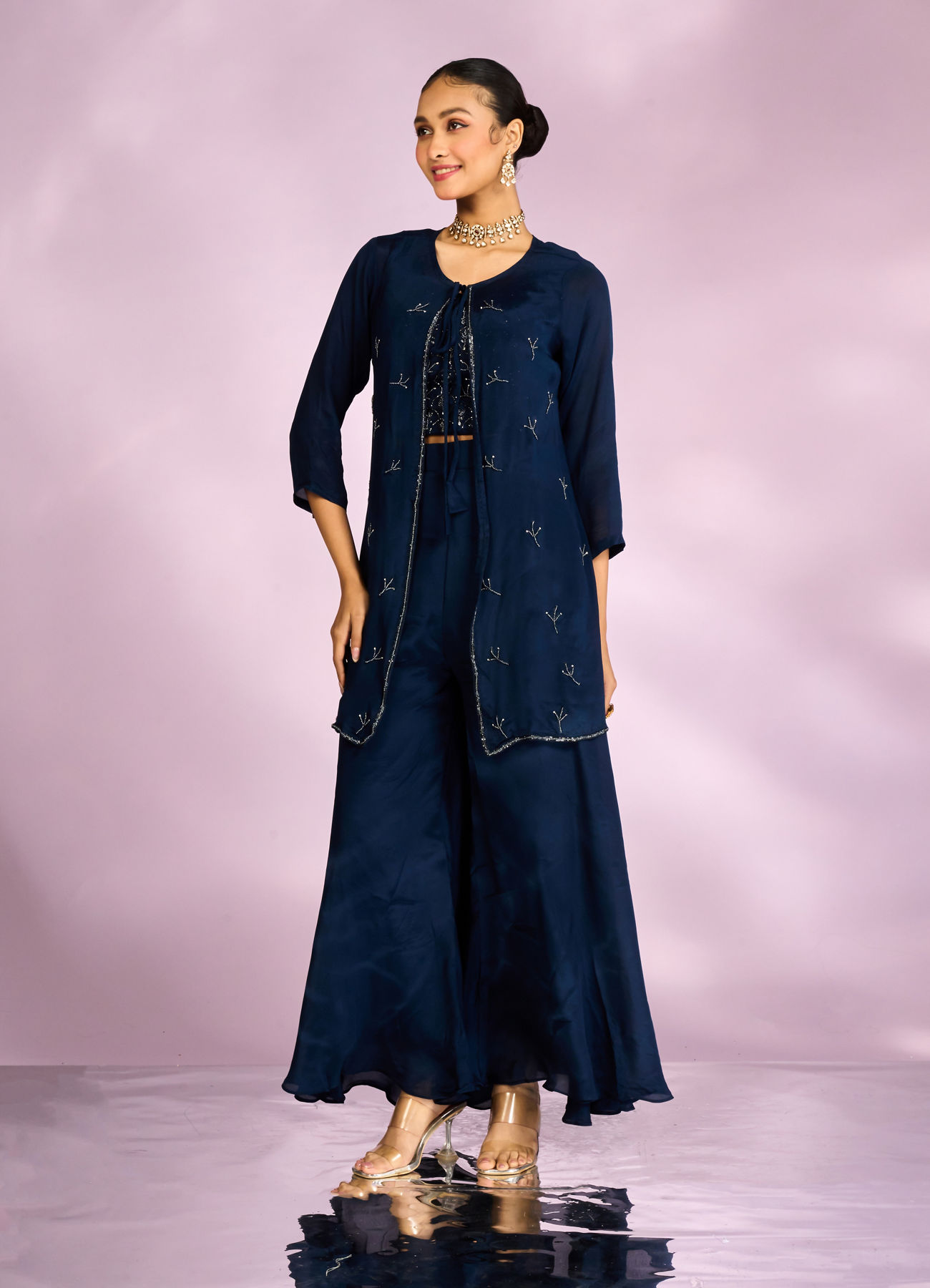 Mohey Women Indigo Blue Chinon Ensemble Indo Western