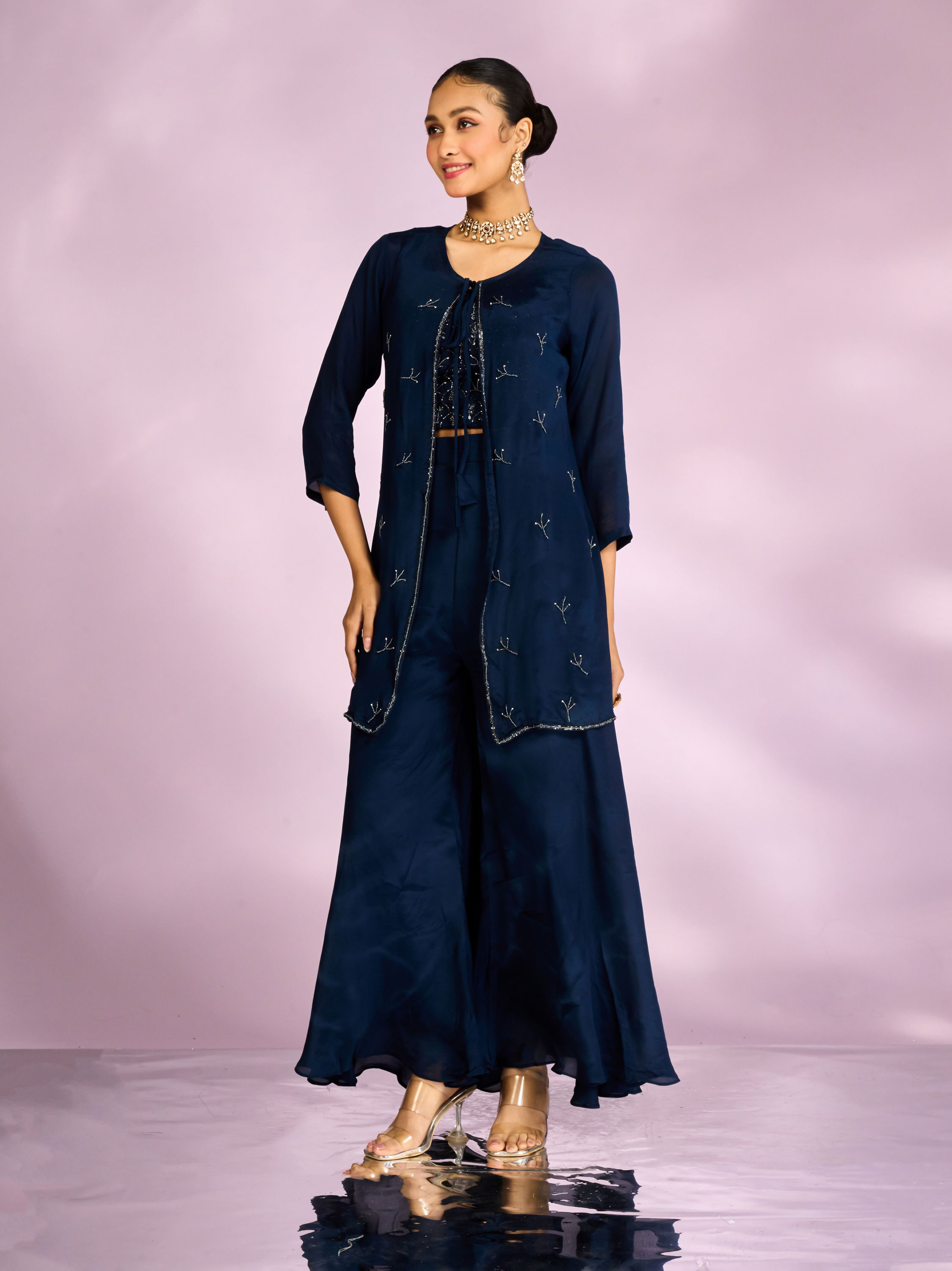 Mohey Women Indigo Blue Chinon Ensemble Indo Western