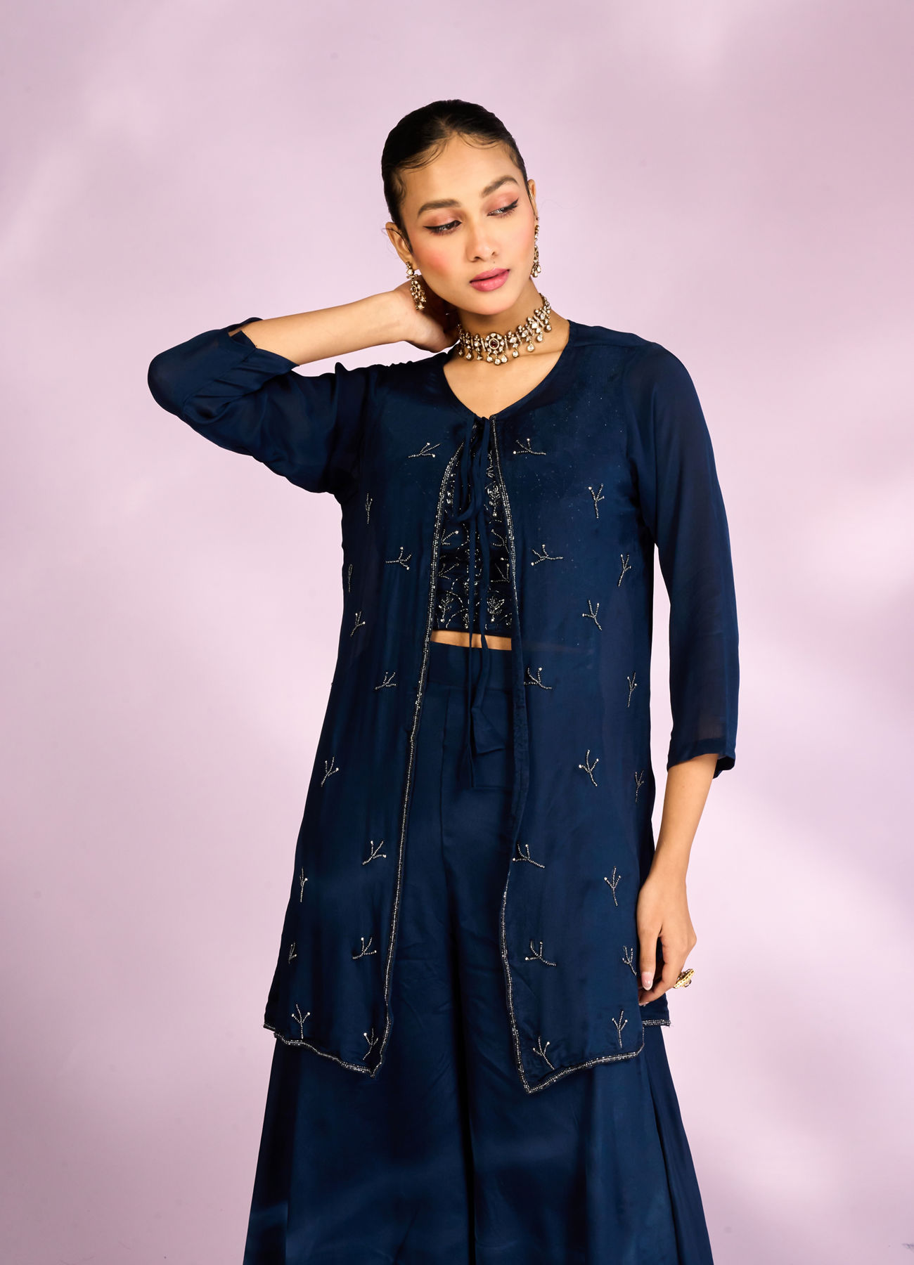 Mohey Women Indigo Blue Chinon Ensemble Indo Western