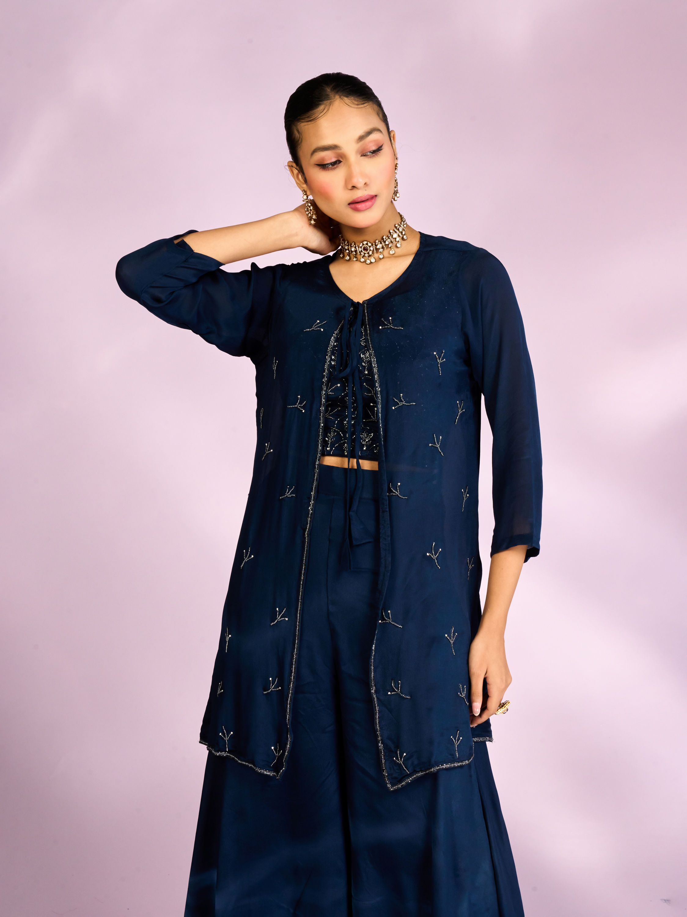 Mohey Women Indigo Blue Chinon Ensemble Indo Western