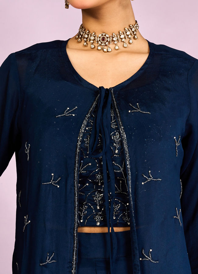 Mohey Women Indigo Blue Chinon Ensemble Indo Western