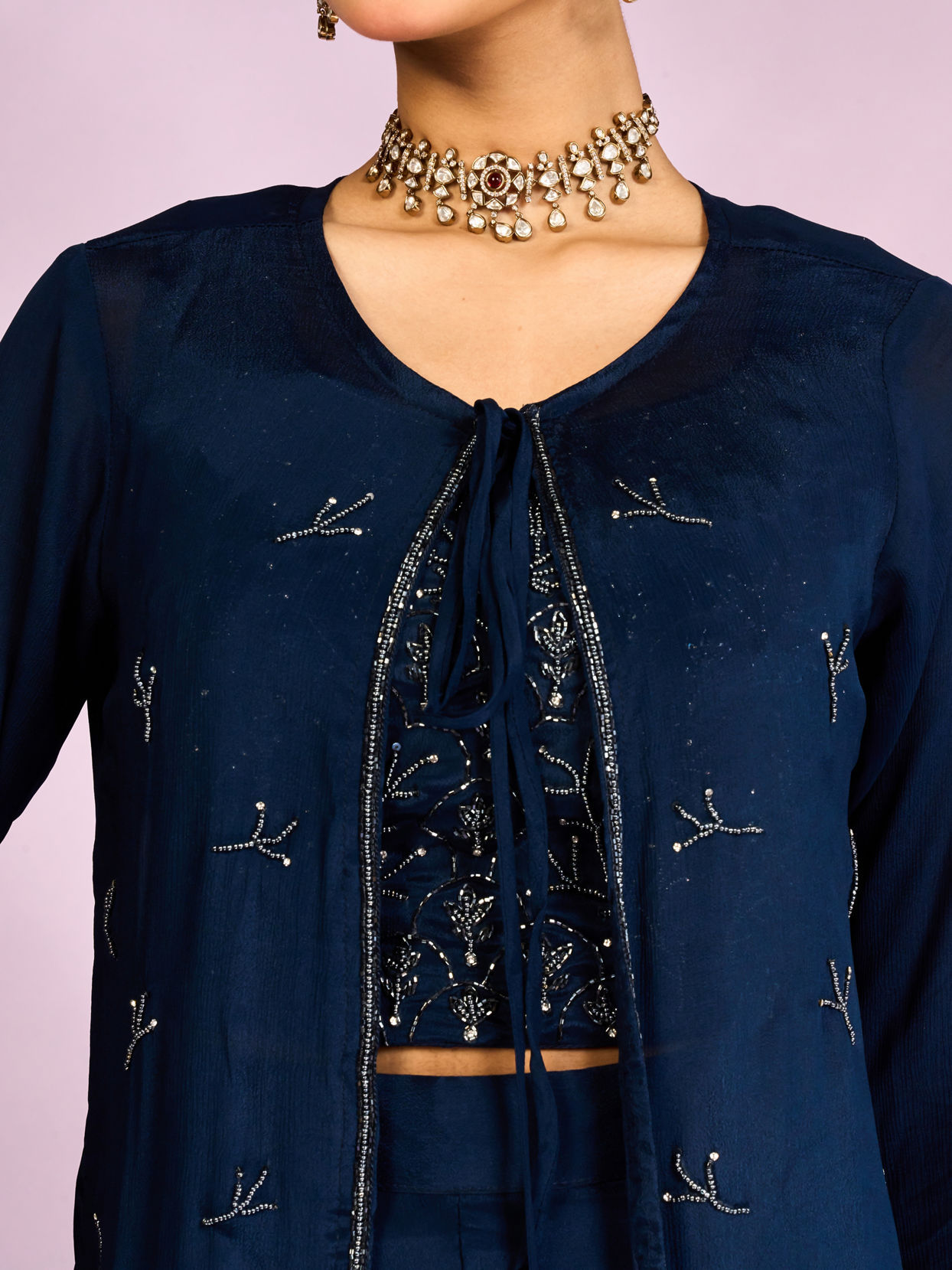 Mohey Women Indigo Blue Chinon Ensemble Indo Western