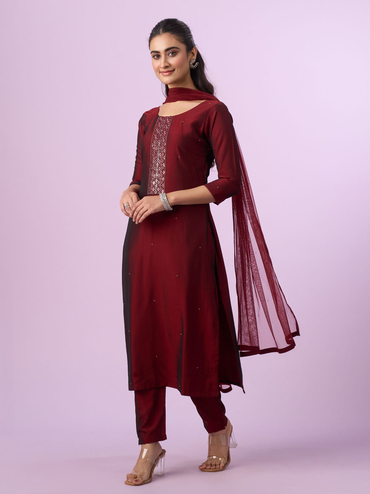 Mohey Women Maroon Ensemble of Elegance Straight Suit