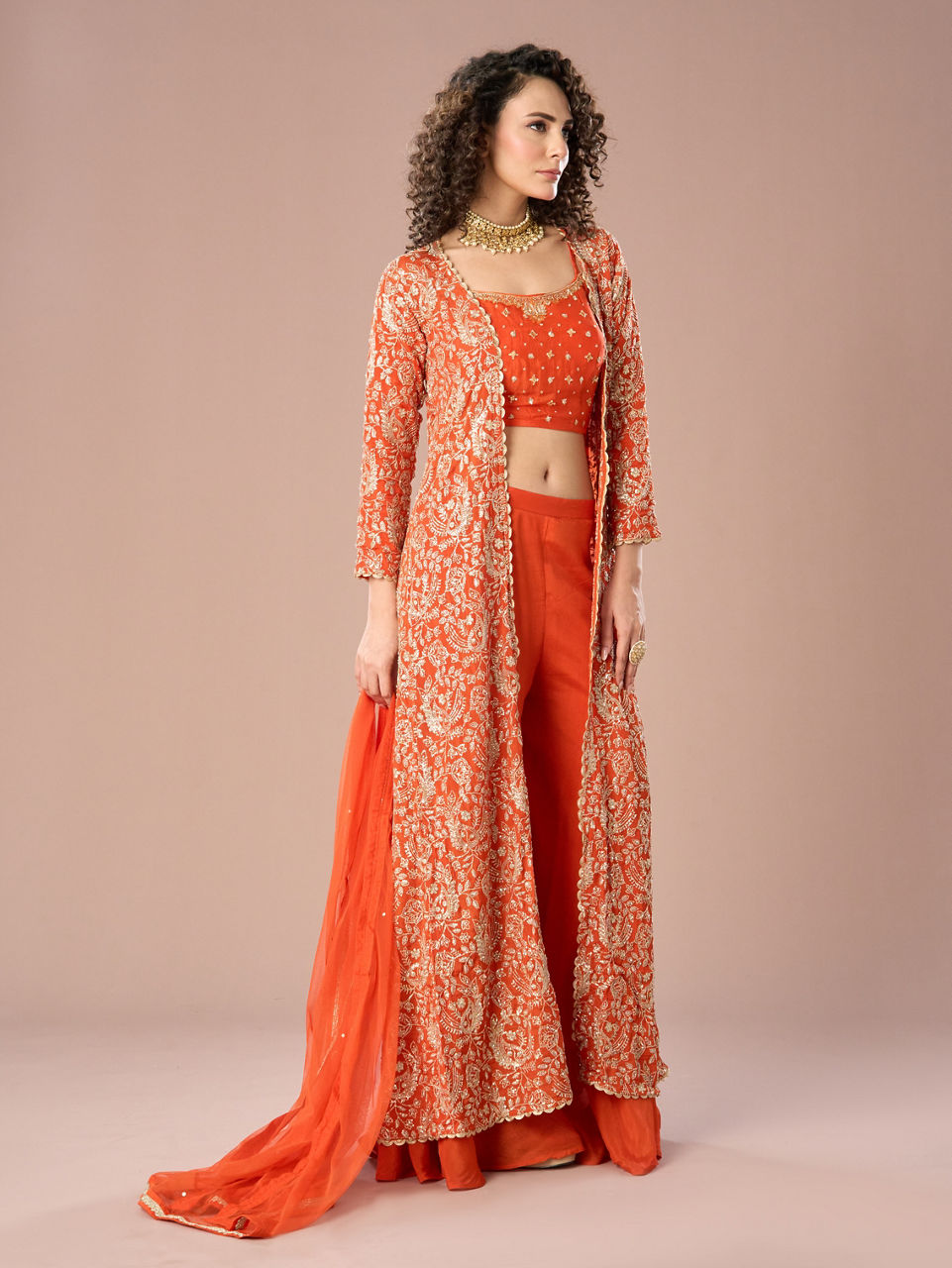 Mohey Women Orange Chinon exuberance Indo Western