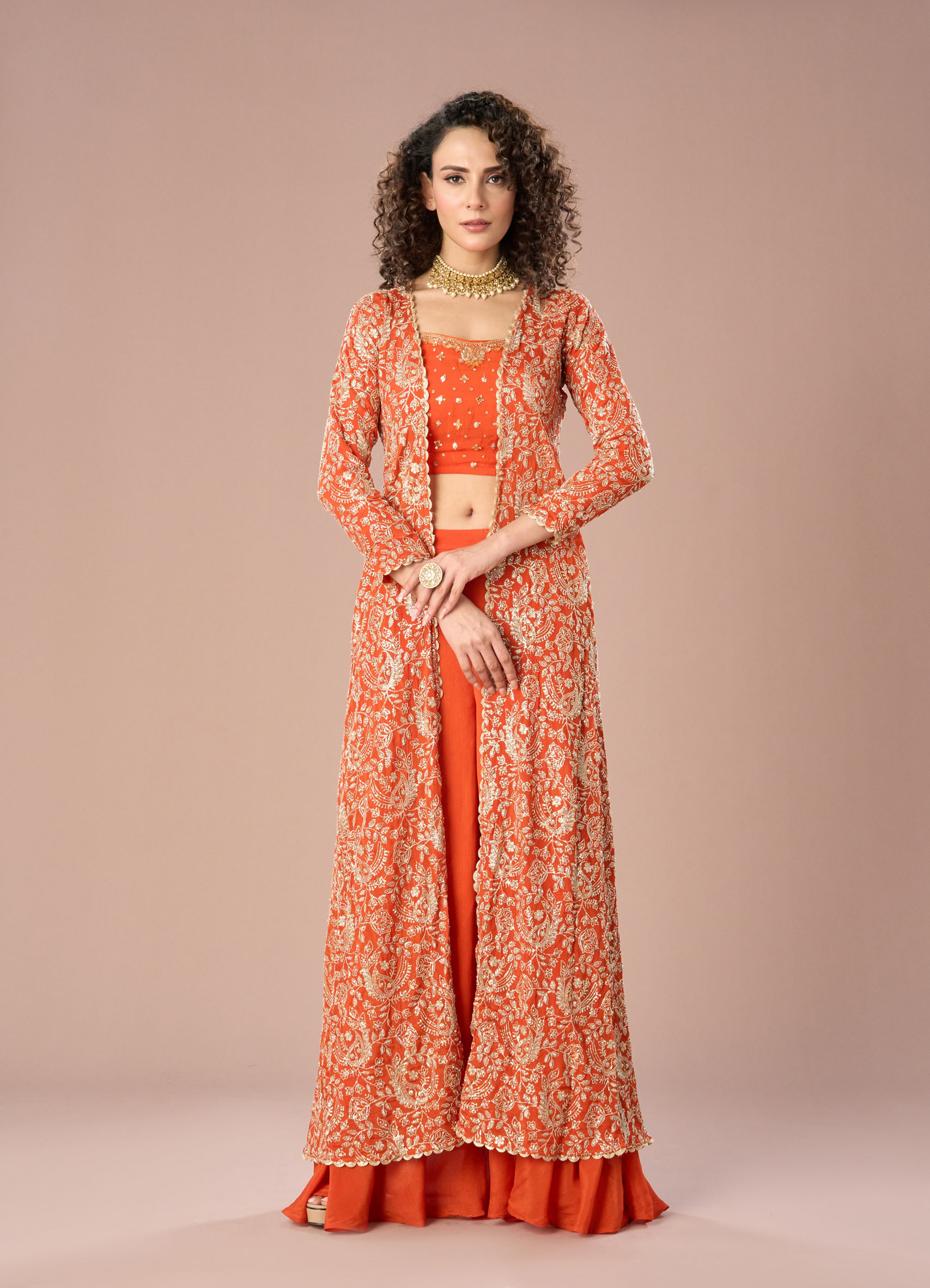 orange indo western dresses Coral Indo Western Dress: Chinon Silk Embroidered Top & Plazzo