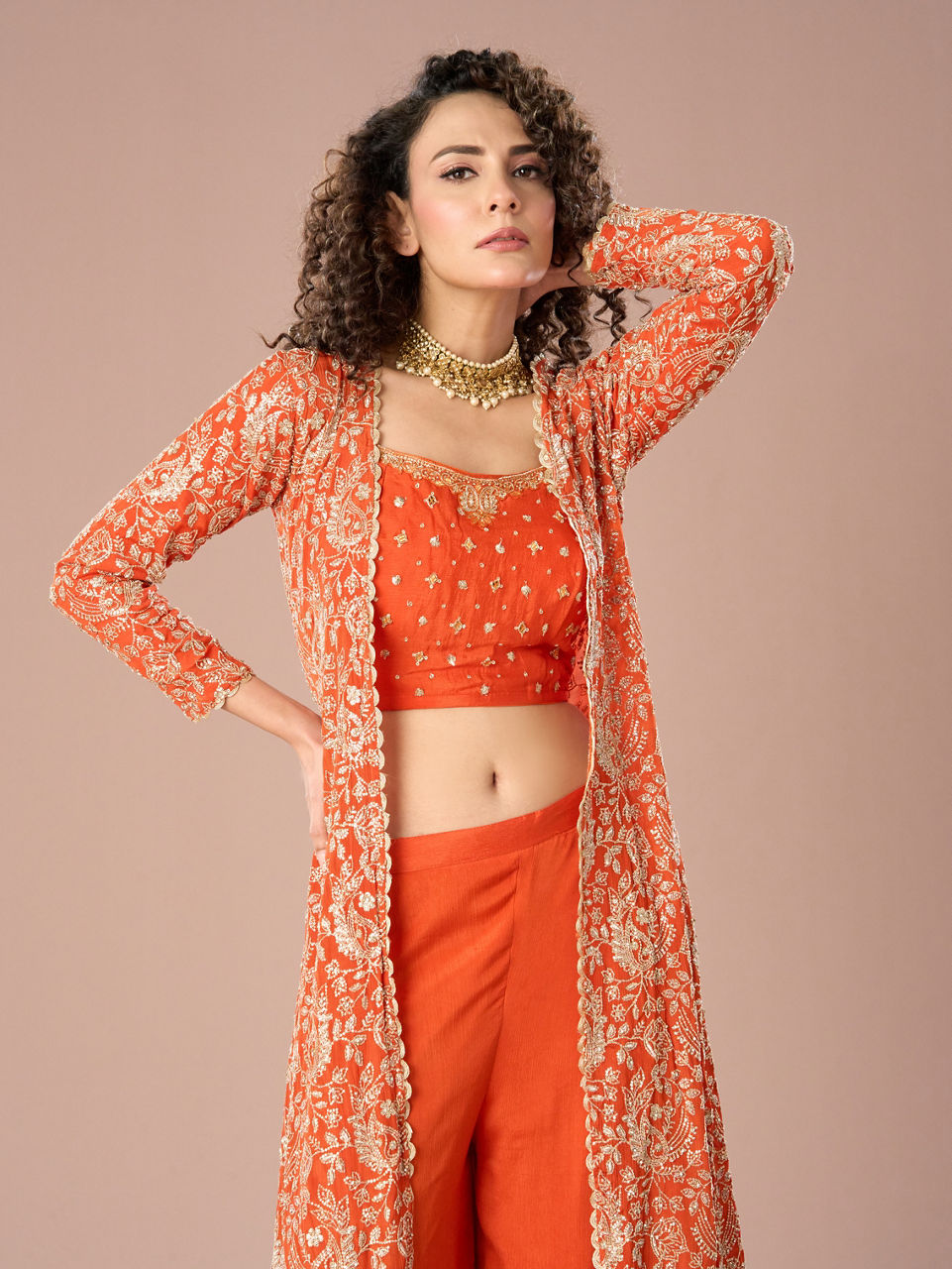 Mohey Women Orange Chinon exuberance Indo Western