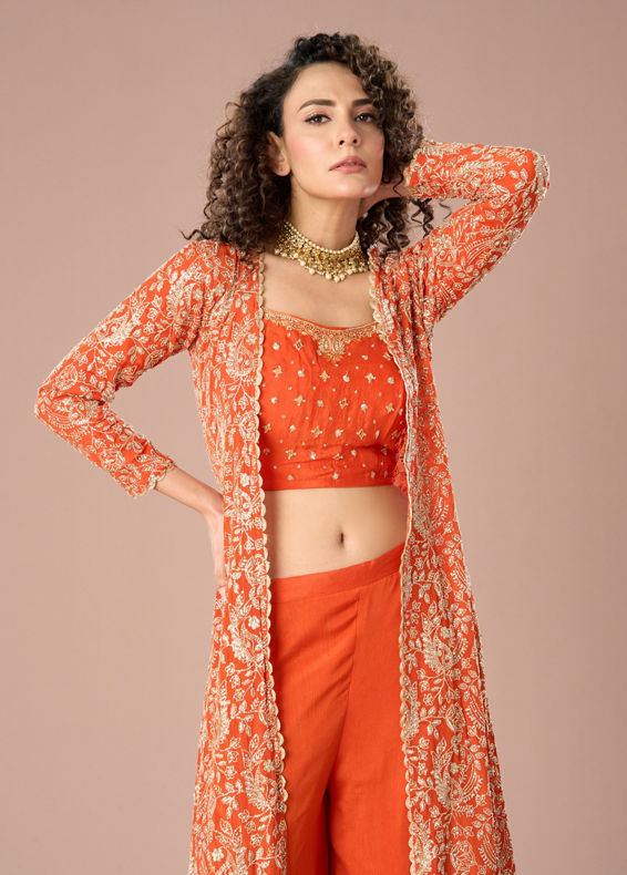 Mohey Women Orange Chinon exuberance Indo Western
