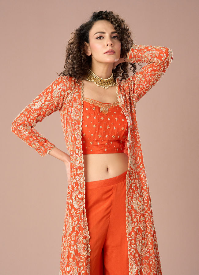 Mohey Women Orange Chinon exuberance Indo Western