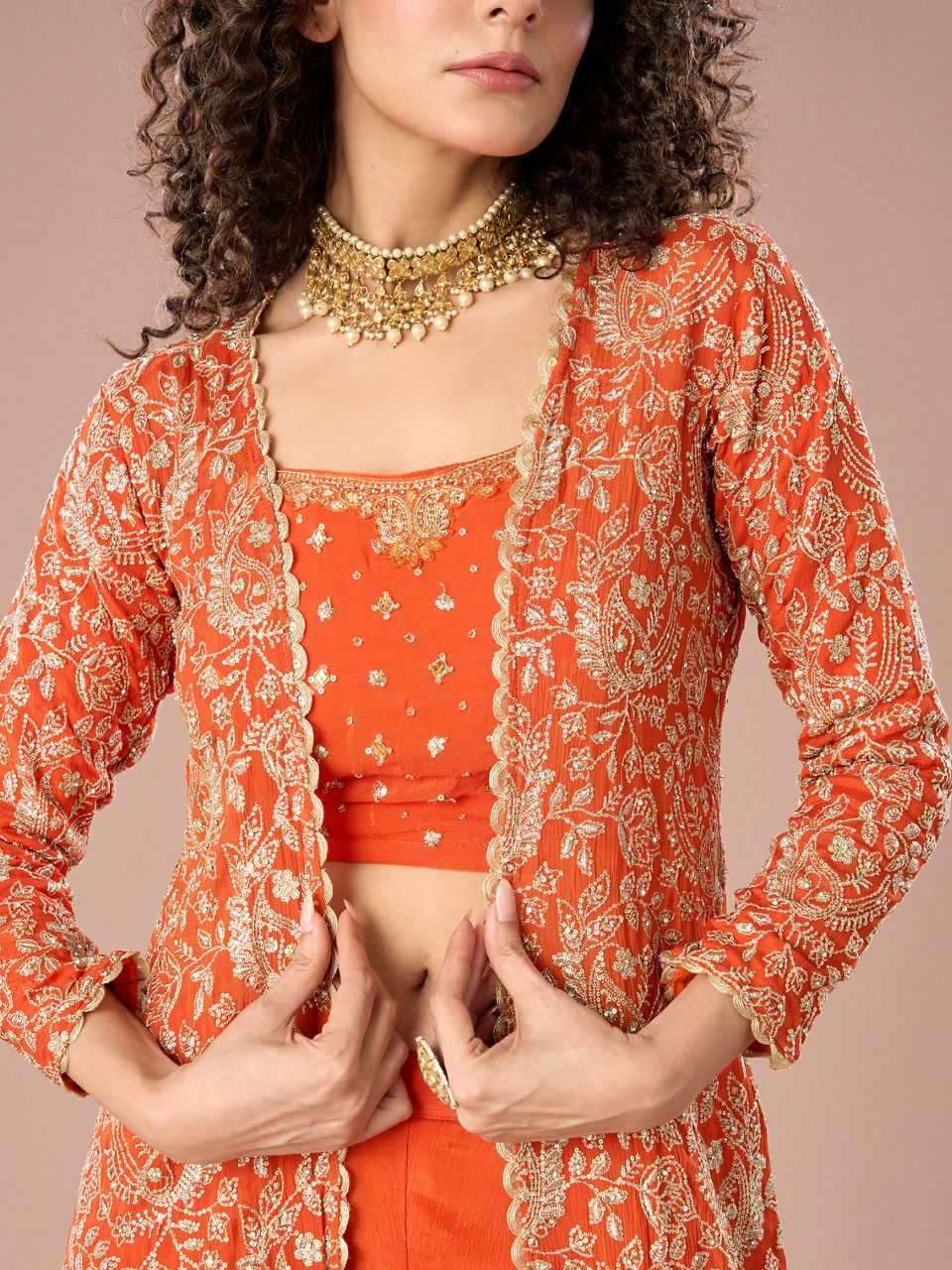 Mohey Women Orange Chinon exuberance Indo Western