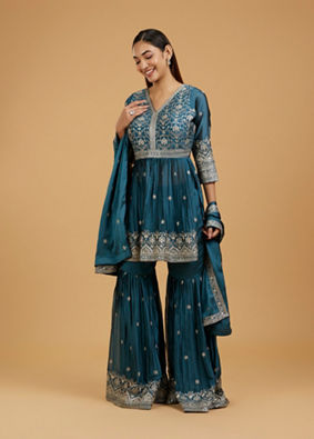 Mohey Women Radiant Blue Chinon Sharara Suit